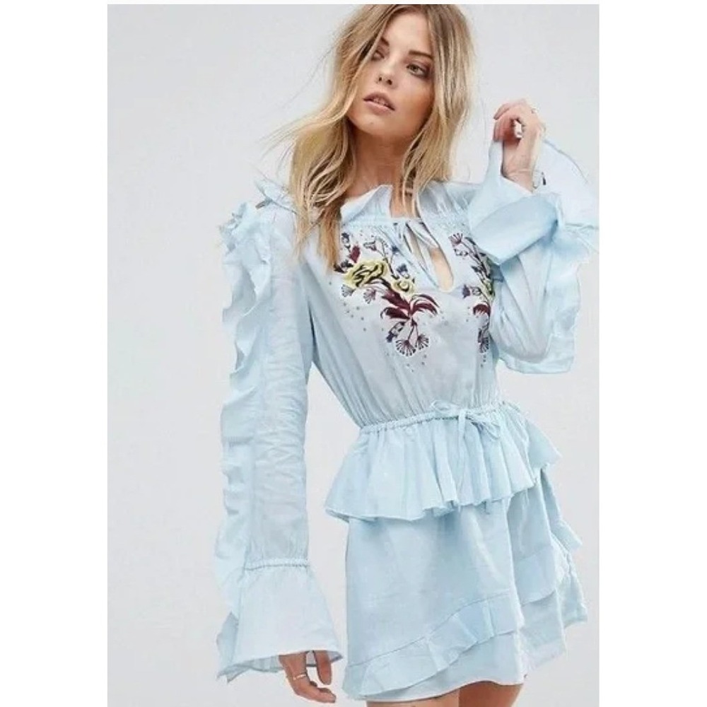 Millie Mackintosh Blue Embroidered‎ Ruffle Boho Mini Dress Long Sleeve Size 16